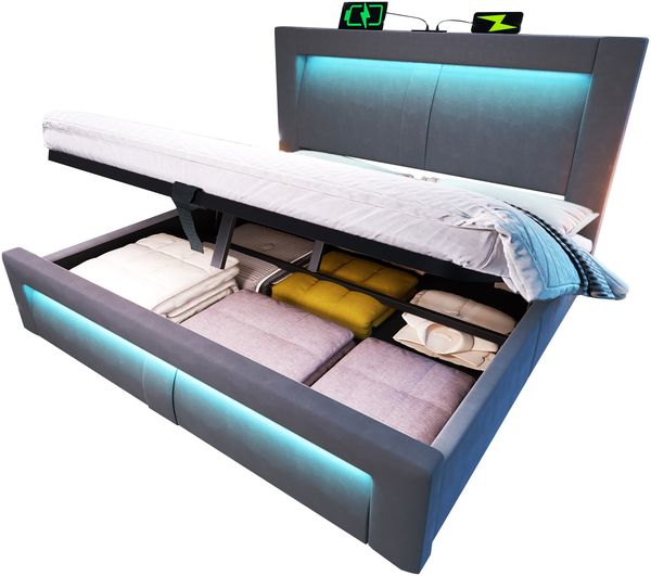 Bett 160x200 cm mit Bettkasten, LED, USB- und Type-C-Ladestation, Samt, inklusive Matratze Bild 8