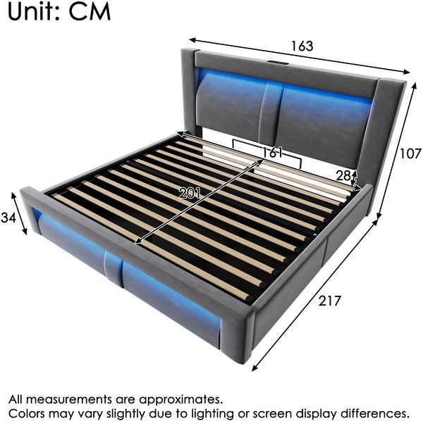 Bett 160x200 cm mit Bettkasten, LED, USB- und Type-C-Ladestation, Samt, inklusive Matratze Bild 5