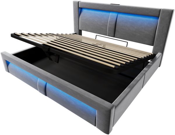 Bett 160x200 cm mit Bettkasten, LED, USB- und Type-C-Ladestation, Samt, inklusive Matratze Bild 7
