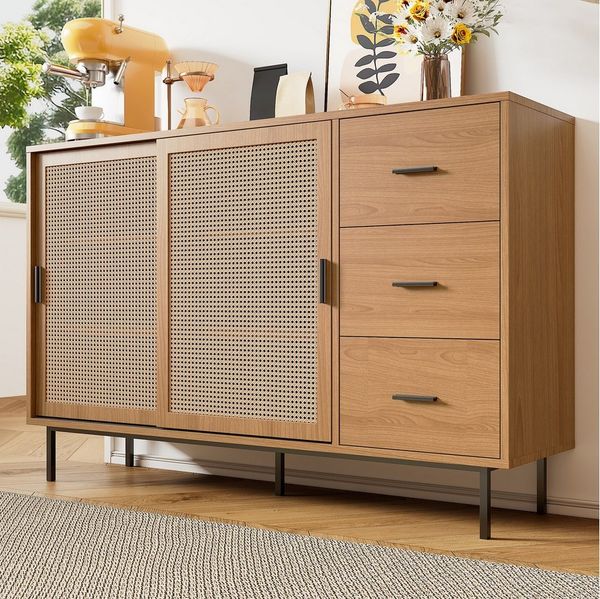Flieks Kommode mit 2 Rattan-Schiebetüren und 3 Schubladen (Maße: B140/H91/T37 cm, 1 St, Schrank für Wohnzimmer, Schlafzimmer, Arbeitszimmer und Esszimmer), Sideboard Holzschrank Mehrzweckschrank mit verstellbaren Einlegeböden