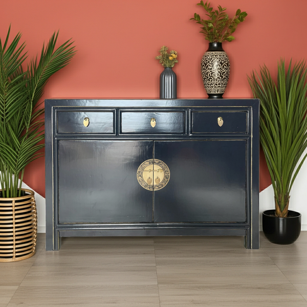 Vintage Kommode Lila-Schwarz Messingkreis chinesisch Schrank Sideboard Kolonial-Stil Antik-Stil Lowboard asiatisch orientalisch Fernost shabby-chic Landhaus