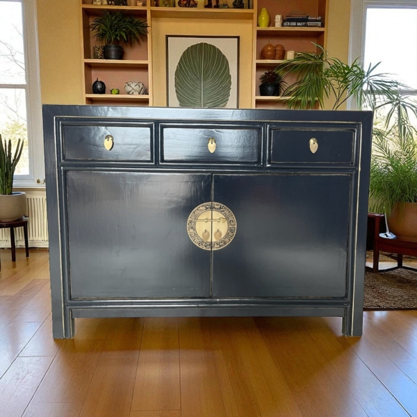 Vintage Kommode Lila-Schwarz Messingkreis chinesisch Schrank Sideboard Kolonial-Stil Antik-Stil Lowboard asiatisch orientalisch Fernost shabby-chic Landhaus