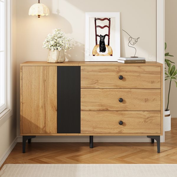 Sideboard aus Spanplatte mit Tür & 3 Schubladen, 120x35x76 cm, Natur/Schwarz