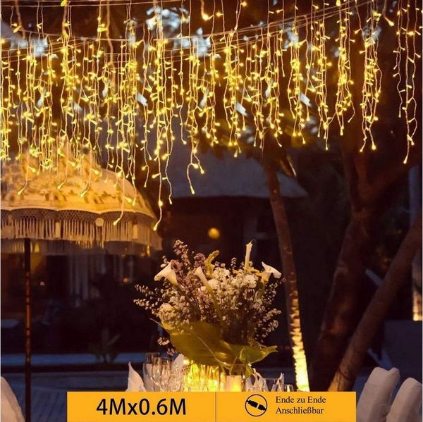 Elegear LED-Lichterkette 4M LED lichterkette Weihnachtsdeko mit Timer/Memory-Funktion, Warmweiß, 144-flammig, Lichtervorhang Eisregen Außen, Eiszapfen Regenlichterkette Erweiterbar