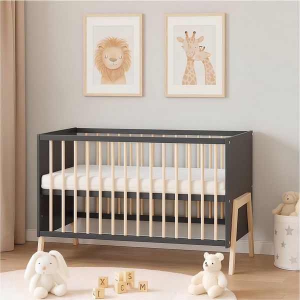 Baby-Delux Babybett Juna Anthrazit Kiefer, Kinderbett 60x120 weiß Kiefer Schutzgitter Matratze