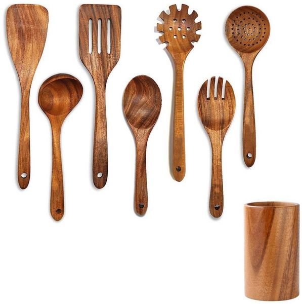 MODFU Kochbesteck-Set Küchenhelfer Set Kochgeschirr Küchengerät Küchen (Holzutensilien Holz Kochset Antihaft Hitzebeständig mit Utensilienhalter, 8-tlg, Holzspatel, Utensilien-Set, Sieblöffel, Salatgabel, Kochutensilien), Massivholz Multifunktionales H...