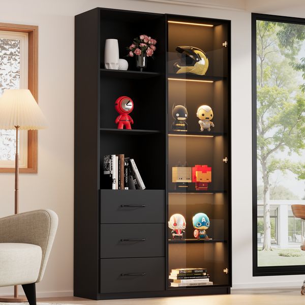 Flieks LED Vitrine 80x40x160cm, Glasvitrine & Bücherregal mit gehärteter Glastür, 3 Schubladen, offenen Fächern, schwarz