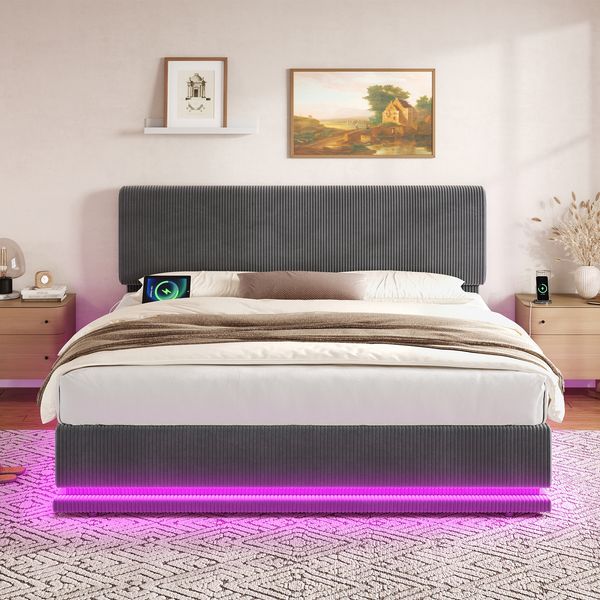 Polsterbett 160x200 cm ohne Matratze mit LED, USB-C und Stauraum, Cordstoff Dunkelgrau