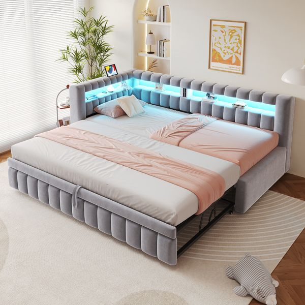 Merax Daybett Polsterbett Schlafsofa mit Ausziehbett 90/180x200cm mit LED & Aufladen, Hellgrau