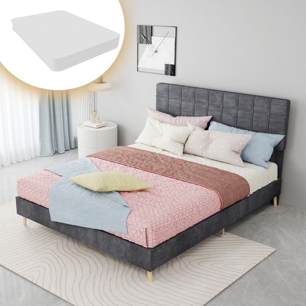 Modern dark gray fabric bed with light luxury plaid soft bag headboard, small-sized master bedroom, second bedroom, double bed, mattress size:140*200cm, gray
