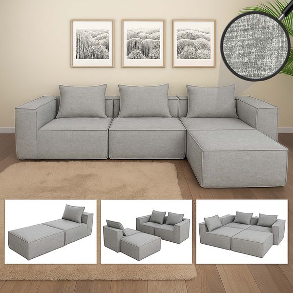 L-Sofa HWC-O54, Lounge-Couch mit Ottomane, erweiterbar modular rechts/links, Stoff/Textil 63x270x190cm ~ hellgrau