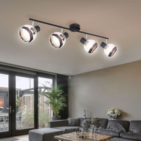 Deckenleuchte, 4-Flammig, Metall-Schwarz, Hanfseil