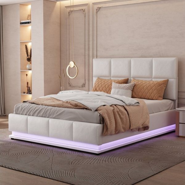 BlingBin Polsterbett Stauraumbett, Doppelbett (Bett, 1-tlg, mit LED Beleuchtung & Hydraulisch anhebbarer Bettstauraum), Bettkasten und Lattenrost Bezug aus Kunstleder Jugendbett Weiß
