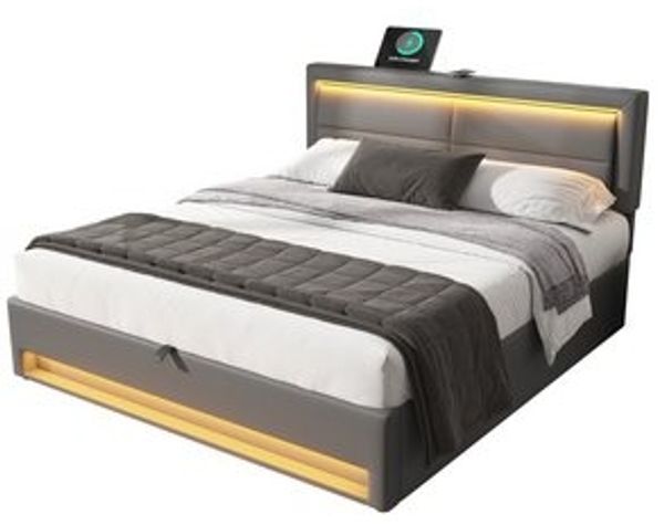 REDOM Polsterbett Polsterung aus Schaum (Stahlrahmen mit Hydraulisch anhebbarer Bettstauraum Holz-Lattenrost, Doppelbett USB-Anschluss und Kabellos Ladepad 160x200 cm Ohne Matratze), höhenverstellbar Kopfteil Bild 6
