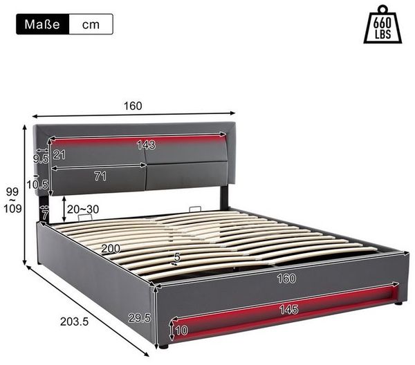REDOM Polsterbett Polsterung aus Schaum (Stahlrahmen mit Hydraulisch anhebbarer Bettstauraum Holz-Lattenrost, Doppelbett USB-Anschluss und Kabellos Ladepad 160x200 cm Ohne Matratze), höhenverstellbar Kopfteil Bild 4
