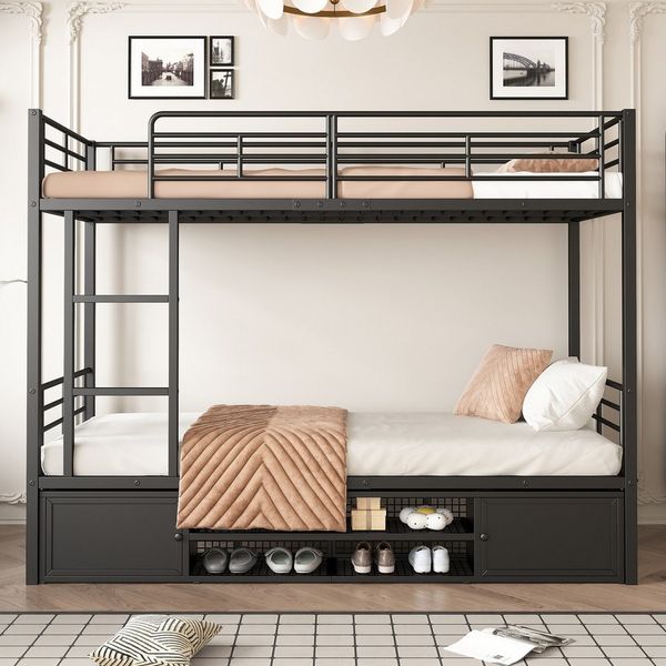 Flieks Etagenbett, Kinderbett Metallbett 90x200cm mit Schuhregal, Lagerschrank und Leiter
