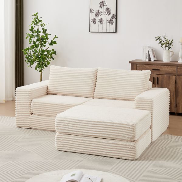 Schlafsofa 74cm×194cm×169,5cm mit modularer Konfiguration – Cord in Beige, 2-in-1 Sofa-Bett mit beweglicher Fußstütze