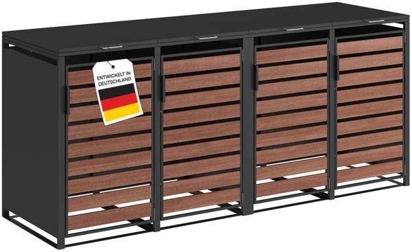 STEELSØN 'Kestra' Mülltonnenbox für 4 Tonnen je 240 Liter, graphitschwarz mit Nußbaum-Holzoptik, Mülltonnenverkleidung aus Stahl, wetterfest, 116x80x268 cm