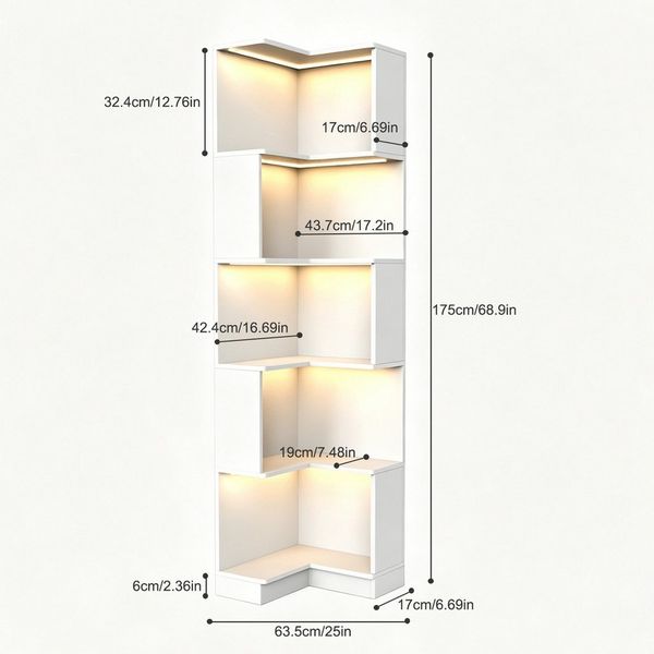 TWSOUL Bücherregal Eckregal mit LED Beleuchtung,L-Form Standregal Weiß, 5 Ebenen, platzsparendes Bücherregal für Wohnzimmer, 175 cm Bild 2