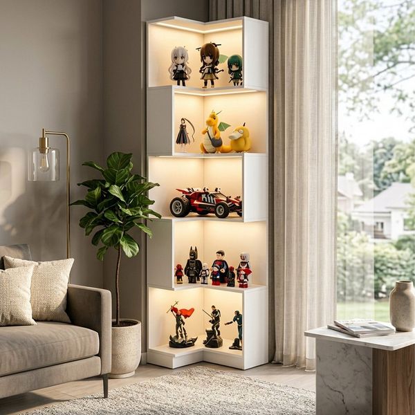 TWSOUL Bücherregal Eckregal mit LED Beleuchtung,L-Form Standregal Weiß, 5 Ebenen, platzsparendes Bücherregal für Wohnzimmer, 175 cm