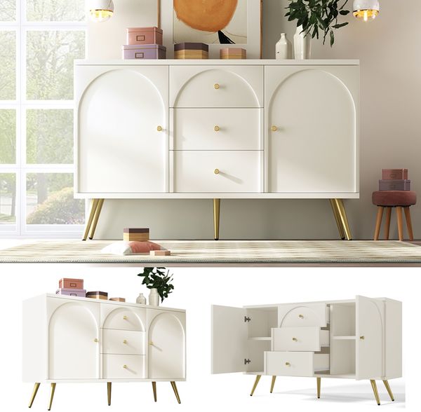 Kommode 140 cm mit gewölbten Schubladen, Sideboard mit höhenverstellbarem Fachboden, Drehtüren, Metallfüßen, Stauraum Bild 7