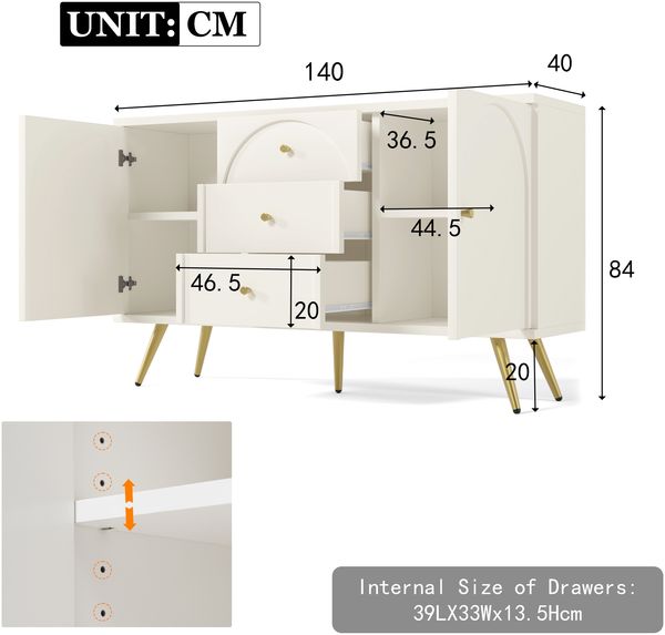 Kommode 140 cm mit gewölbten Schubladen, Sideboard mit höhenverstellbarem Fachboden, Drehtüren, Metallfüßen, Stauraum Bild 8