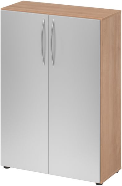 bümö Mehrzweckschrank 80cm breit, Aktenschrank o. Schuhschrank klein, Schrank mit Regal, Kommode in Nussbaum/Silber aus Holz, Vorratsschrank & Haushaltsschrank mit Metallgriffen, 4550-N-S-BM