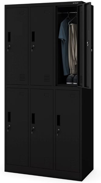 Umkleideschrank Spind IGOR - 6 Abteile, Etikettenhalter Lüftungsschlitze | Umkleidespind Schließfachschrank Garderobenspind, 185x90x45cm Schwarz