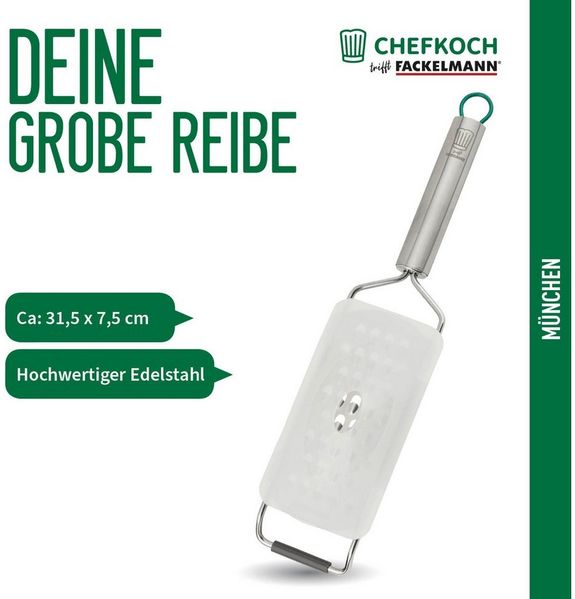 Chefkoch trifft Fackelmann Küchenreibe München, aus Edelstahl, Reibe grob – hochwertige Ausführung, Edelstahl, (1-St), perfekt für Küchenprofis, spülmaschinengeeignet