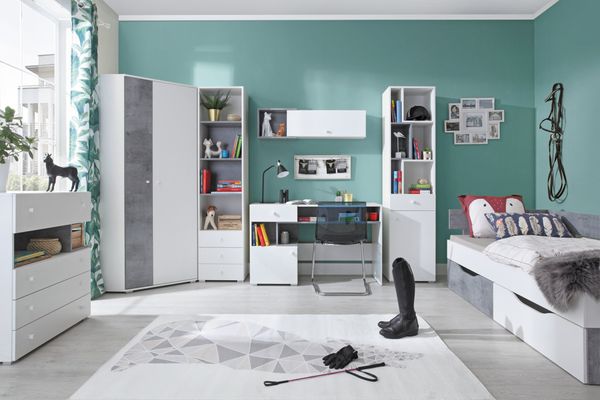 Jugendzimmer Sally in Weiß und Beton in 4 Setvarianten oder als Einzelmöbel - 8 teilig , Eckkleiderschrank + Jugendbett 90x200 cm + Matratzenauflage + Standregal 3 + Standregal 2 + Schreibtisch + Wandregal mit Klappe + Kommode