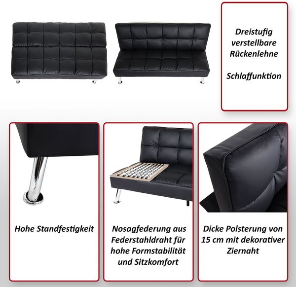 Sofa HWC-K21, Klappsofa Couch Schlafsofa, Nosagfederung Schlaffunktion Liegefläche 181x107cm ~ Kunstleder, schwarz Bild 2