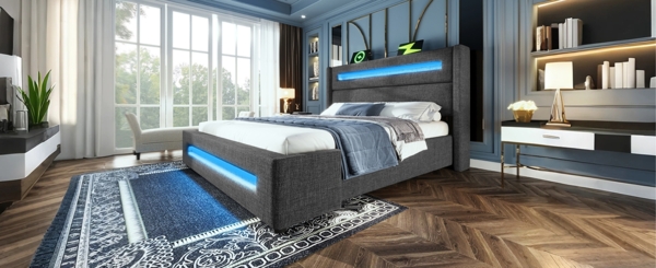 Polsterbett 160x200 cm mit hydraulischem Bettkasten, Leinenoptik, integrierter LED‑Beleuchtung und USB‑Type‑C, Kopfteil 70 cm, grau