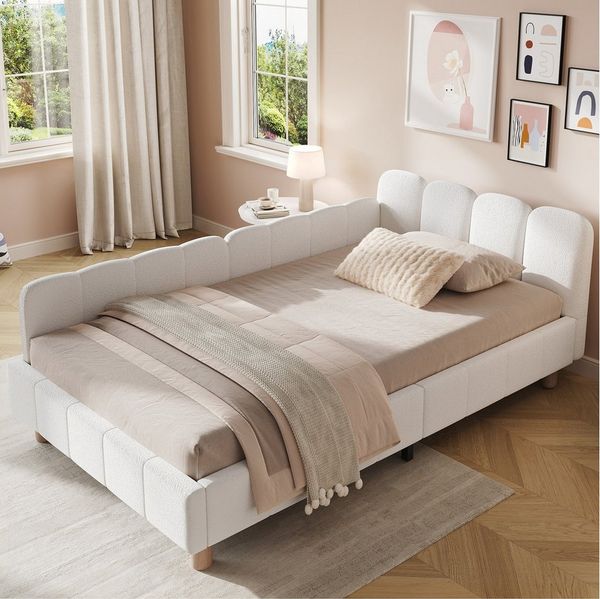REDOM Polsterbett 90x200 cm mit Rausfallschutz Bouclé (Packung, 1-tlg, Gepolstertes Kopfteil), Massivholz-Beine, ideal als Kinder & Jugendliche( ohne Matratze)