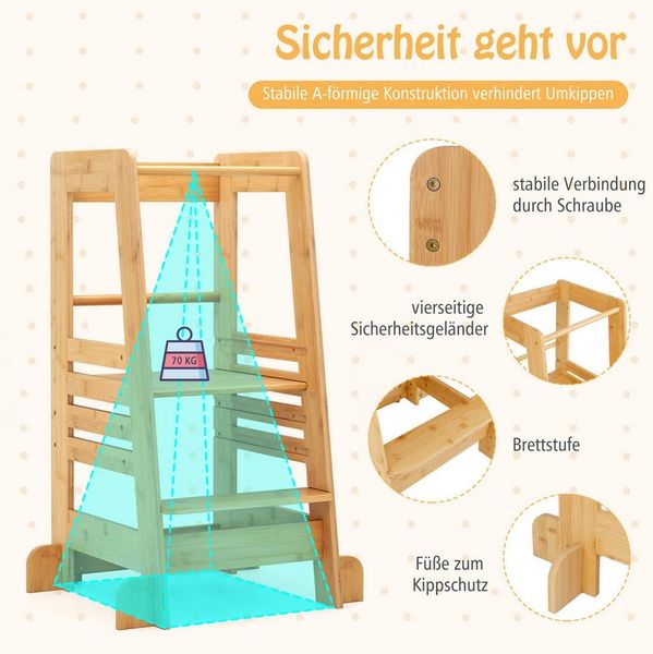 COSTWAY Tritthocker, Bambus Lernturm mit 4 Höhenstufen, Sicherheitsgeländer