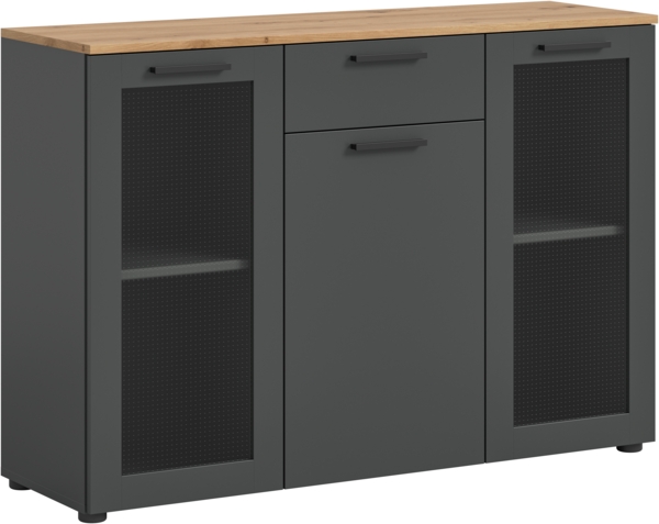 Xonox Niklas Kommode (B/H/T): 120x84x38 cm in Basalt grau mit Absetzung in Artisan Eiche und Glas