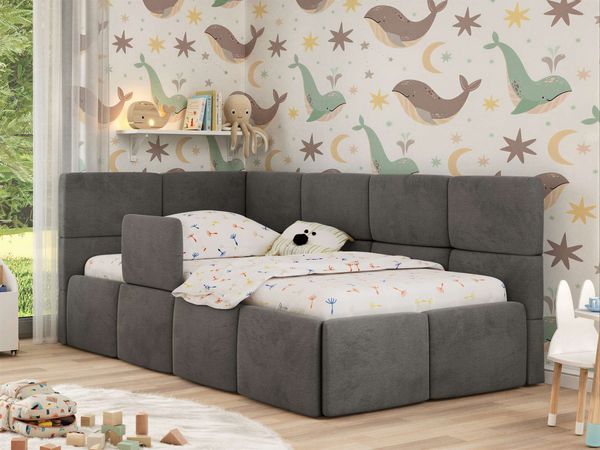 Jugendbett, Kinderbett mit Kopfteil ARVO ALTA 90x200 cm, Polsterbett mit Stauraum, hoher Schlafkomfort - Dunkelgrau Velvet - Links
