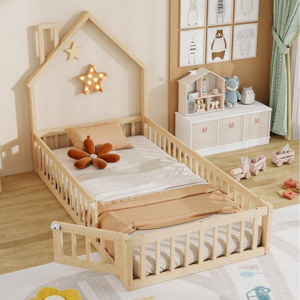 Merax Kinderbett (1-tlg), 90x200cm aus Kiefer,Bodenbett mit Lattenrost,Holzbett,Doppelbett