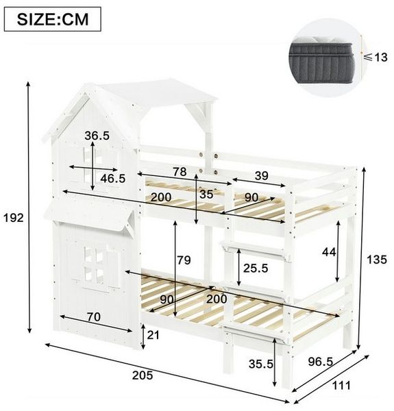 Flieks Etagenbett, Kinderbett Hausbett 90x200 cm mit Geländer, Leiter, Fenster und Dach Bild 4