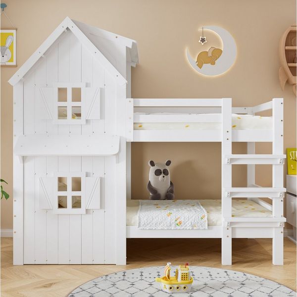 Flieks Etagenbett, Kinderbett Hausbett 90x200 cm mit Geländer, Leiter, Fenster und Dach