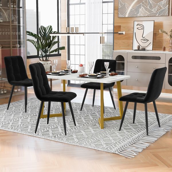 Esstischgruppe rechteckig 117 x 68 x 75 cm, MDF-Marmoroptik mit goldenen Metallbeinen, mit 4 Stühlen