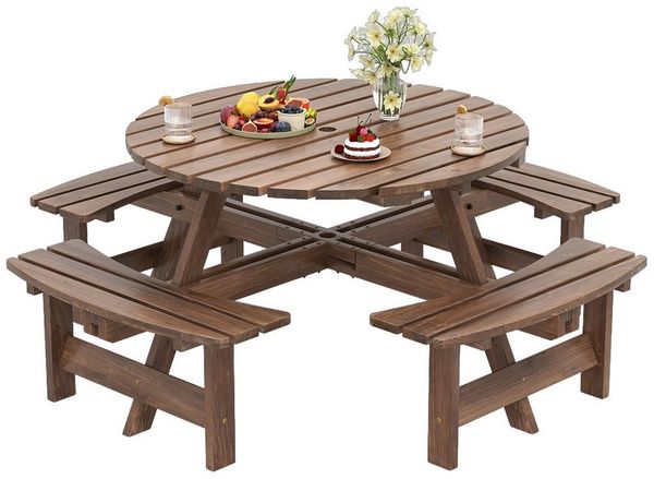 COSTWAY Bierzeltgarnitur, Picknicktisch mit Schirmloch & 4 Bänken, Tannenholz
