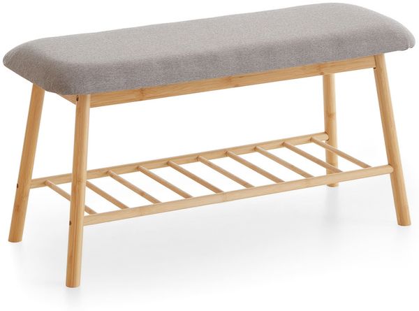Homes & Jones Schuhbank Skandi 90x45x34 cm mit Massivholzgestell & grauem Polster - Sitzbank mit Stauraum für Flur & Eingangsbereich - Skandinavisches Design, stabil & platzsparend
