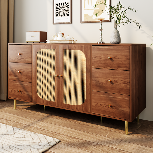 Sideboard B 160 x T 40 x H 90 cm, Rattan‑Türen, 6 Schubladen, MDF in Holzoptik