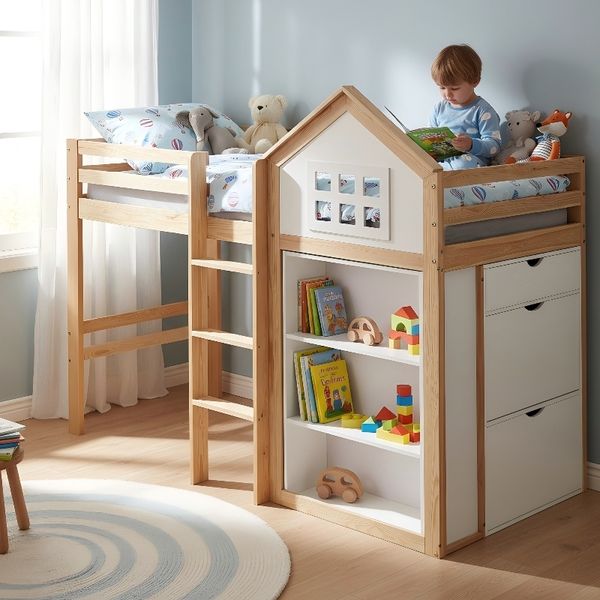Novelux Hochbett 90x200 cm Kinderhochbett mit Stauraum und Schubladen – Kiefer/MDF in Weiß/Natur, Hausdesign, Sicherheitsgeländer, stabile Stufen