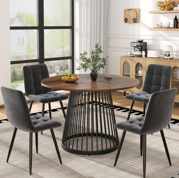 Esstischgruppe H 76 x T 80 x B 80 cm mit 4 Stühlen, MDF-Tischplatte in Marmoroptik, Samtbezug