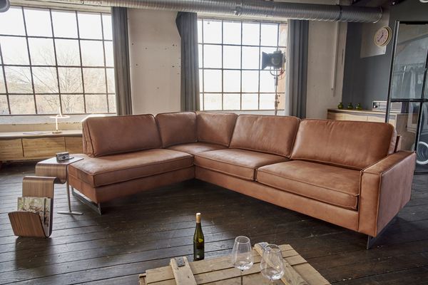 KAWOLA Ecksofa VILNIUS 3-Sitzer mit Recamiere links Lederfaserstoff cognac 85 x 217 x 290 cm