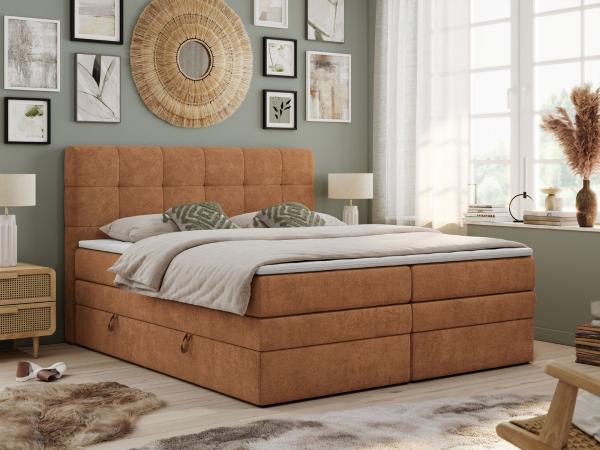 Boxspringbett mit Kopfteil und Topper, Polsterbett - LUKA-KING - 140x200cm - Orange Stoff - H4