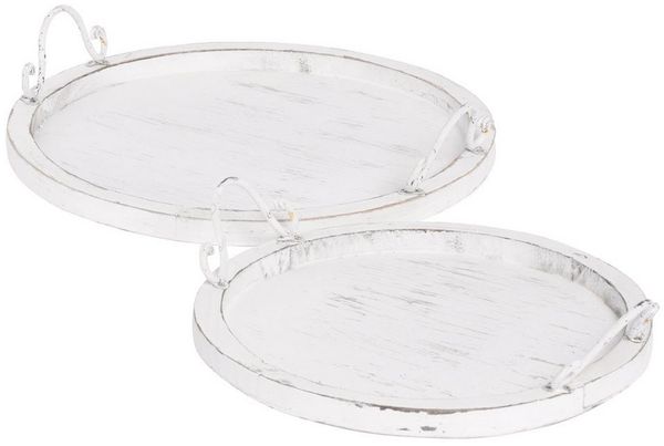 Grafelstein Tablett 2tlg. Tablett COTTAGE weiß shabby chic Holztablett rund mit Metallgrif