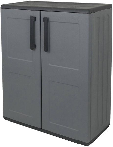 Dmora Arisa Outdoor-Garderobe, Mehrzweck-Balkonschrank, Outdoor-Schrank mit 2 Türen, 100 % Made in Italy, 68 x 37 x 84 cm, kariertes Finish, Grau und Schwarz