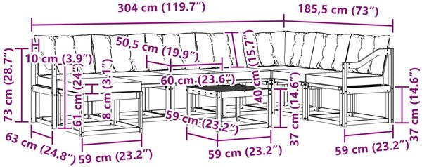 vidaXL Outdoor-Sofagarnitur mit Kissen 9 pcs Natürlich und Hellgrau 3368986 Bild 12